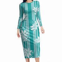 Hawaii Kakau Tribal Long Sleeve Bodycon Dress With Teal Tiare LT05 Long Dress Teal - Polynesian Pride