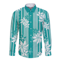 Hawaii Kakau Tribal Long Sleeve Button Shirt With Teal Tiare