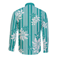 Hawaii Kakau Tribal Long Sleeve Button Shirt With Teal Tiare LT05 - Polynesian Pride