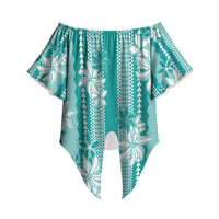 Hawaii Kakau Tribal Off Shoulder Wrap Waist Top With Teal Tiare LT05 Teal - Polynesian Pride