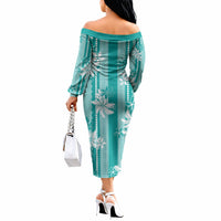 Hawaii Kakau Tribal Off The Shoulder Long Sleeve Dress With Teal Tiare LT05 - Polynesian Pride
