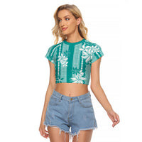 Hawaii Kakau Tribal Raglan Cropped T Shirt With Teal Tiare