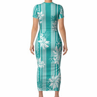 Hawaii Kakau Tribal Short Sleeve Bodycon Dress With Teal Tiare LT05 - Polynesian Pride