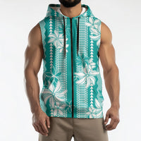 Hawaii Kakau Tribal Sleeveless Zip Hoodie With Teal Tiare