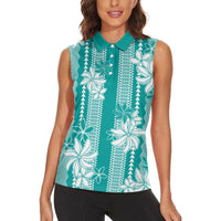 Hawaii Kakau Tribal Women Sleeveless Polo Shirt With Teal Tiare