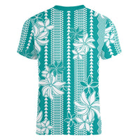 Hawaii Kakau Tribal Women V-Neck T-Shirt With Teal Tiare