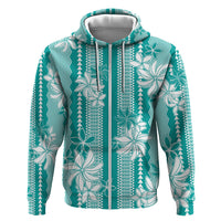 Hawaii Kakau Tribal Zip Hoodie With Teal Tiare