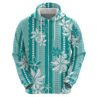 Hawaii Kakau Tribal Zip Hoodie With Teal Tiare LT05 - Polynesian Pride