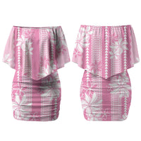 Hawaii Kakau Tribal Couples Matching Off Shoulder Short Dress and Hawaiian Shirt With Pink Tiare LT05 - Polynesian Pride