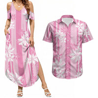 Hawaii Kakau Tribal Couples Matching Summer Maxi Dress and Hawaiian Shirt With Pink Tiare LT05 Pink - Polynesian Pride