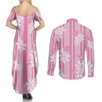 Hawaii Kakau Tribal Couples Matching Summer Maxi Dress and Long Sleeve Button Shirt With Pink Tiare