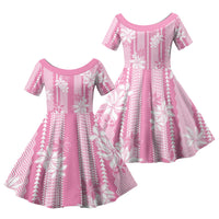 Hawaii Kakau Tribal Family Matching Off Shoulder Maxi Dress and Hawaiian Shirt With Pink Tiare LT05 Daughter's Dress Pink - Polynesian Pride