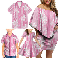 Hawaii Kakau Tribal Family Matching Off Shoulder Short Dress and Hawaiian Shirt With Pink Tiare LT05 - Polynesian Pride