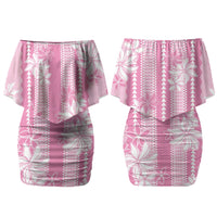 Hawaii Kakau Tribal Family Matching Off Shoulder Short Dress and Hawaiian Shirt With Pink Tiare LT05 Mom's Dress Pink - Polynesian Pride