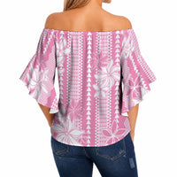Hawaii Kakau Tribal Off Shoulder Wrap Waist Top With Pink Tiare LT05 - Polynesian Pride