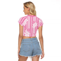 Hawaii Kakau Tribal Raglan Cropped T Shirt With Pink Tiare