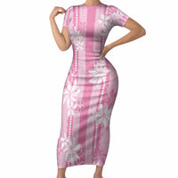 Hawaii Kakau Tribal Short Sleeve Bodycon Dress With Pink Tiare LT05 Long Dress Pink - Polynesian Pride
