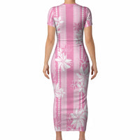 Hawaii Kakau Tribal Short Sleeve Bodycon Dress With Pink Tiare LT05 - Polynesian Pride