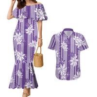Hawaii Kakau Tribal Couples Matching Mermaid Dress and Hawaiian Shirt With Purple Tiare LT05 Purple - Polynesian Pride