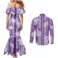 Hawaii Kakau Tribal Couples Matching Mermaid Dress and Long Sleeve Button Shirt With Purple Tiare