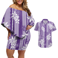 Hawaii Kakau Tribal Couples Matching Off Shoulder Short Dress and Hawaiian Shirt With Purple Tiare