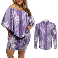 Hawaii Kakau Tribal Couples Matching Off Shoulder Short Dress and Long Sleeve Button Shirt With Purple Tiare LT05 Purple - Polynesian Pride