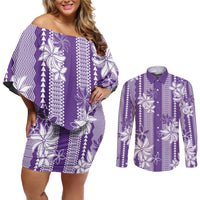 Hawaii Kakau Tribal Couples Matching Off Shoulder Short Dress and Long Sleeve Button Shirt With Purple Tiare