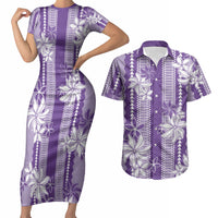Hawaii Kakau Tribal Couples Matching Short Sleeve Bodycon Dress and Hawaiian Shirt With Purple Tiare LT05 Purple - Polynesian Pride