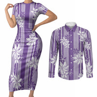 Hawaii Kakau Tribal Couples Matching Short Sleeve Bodycon Dress and Long Sleeve Button Shirt With Purple Tiare LT05 Purple - Polynesian Pride