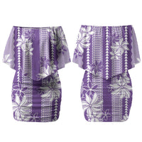 Hawaii Kakau Tribal Family Matching Off Shoulder Short Dress and Hawaiian Shirt With Purple Tiare LT05 Mom's Dress Purple - Polynesian Pride