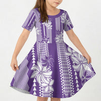 Hawaii Kakau Tribal Kid Short Sleeve Dress With Purple Tiare LT05 KID Purple - Polynesian Pride