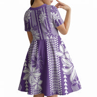 Hawaii Kakau Tribal Kid Short Sleeve Dress With Purple Tiare LT05 - Polynesian Pride