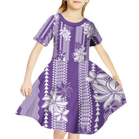 Hawaii Kakau Tribal Kid Short Sleeve Dress With Purple Tiare LT05 - Polynesian Pride