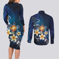 Hawaii Honu Couples Matching Long Sleeve Bodycon Dress and Long Sleeve Button Shirt Polynesian Curves Plumeria - Polynesian Pride