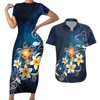 Hawaii Honu Couples Matching Short Sleeve Bodycon Dress and Hawaiian Shirt Polynesian Curves Plumeria - Polynesian Pride