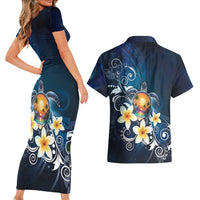 Hawaii Honu Couples Matching Short Sleeve Bodycon Dress and Hawaiian Shirt Polynesian Curves Plumeria - Polynesian Pride