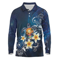 Hawaii Honu Long Sleeve Polo Shirt Polynesian Curves Plumeria - Polynesian Pride