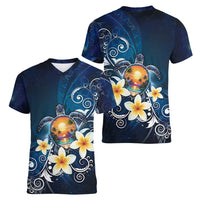 Hawaii Honu Women V-Neck T-Shirt Polynesian Curves Plumeria - Polynesian Pride