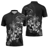 Hawaii Honu Zipper Polo Shirt Polynesian Curves Plumeria Grayscale - Polynesian Pride