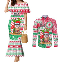 Hawaii Christmas Couples Matching Mermaid Dress and Long Sleeve Button Shirts Santa Claus Surf Mele Kalikimaka LT05 Red - Polynesian Pride