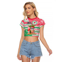 Personalized Hawaii Christmas Raglan Cropped T Shirt Santa Claus Surf Mele Kalikimaka LT05 Female Red - Polynesian Pride
