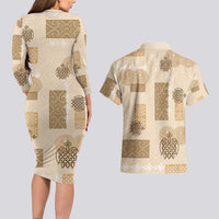 Vintage Lapita Couples Matching Long Sleeve Bodycon Dress and Hawaiian Shirt Iconic Double Face Pattern Beige