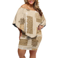 Vintage Lapita Family Matching Off Shoulder Short Dress and Hawaiian Shirt Iconic Double Face Pattern Beige
