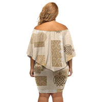 Vintage Lapita Family Matching Off Shoulder Short Dress and Hawaiian Shirt Iconic Double Face Pattern Beige