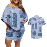 Vintage Lapita Couples Matching Off Shoulder Short Dress and Hawaiian Shirt Iconic Double Face Pattern Blue