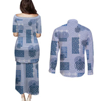 Vintage Lapita Couples Matching Puletasi and Long Sleeve Button Shirt Iconic Double Face Pattern Blue