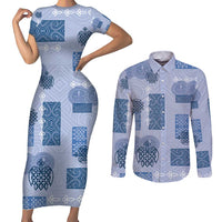 Vintage Lapita Couples Matching Short Sleeve Bodycon Dress and Long Sleeve Button Shirt Iconic Double Face Pattern Blue