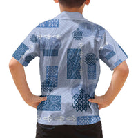 Vintage Lapita Family Matching Off The Shoulder Long Sleeve Dress and Hawaiian Shirt Iconic Double Face Pattern Blue