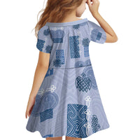 Vintage Lapita Kid Short Sleeve Dress Iconic Double Face Pattern Blue