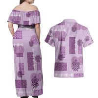 Vintage Lapita Couples Matching Off Shoulder Maxi Dress and Hawaiian Shirt Iconic Double Face Pattern Violet